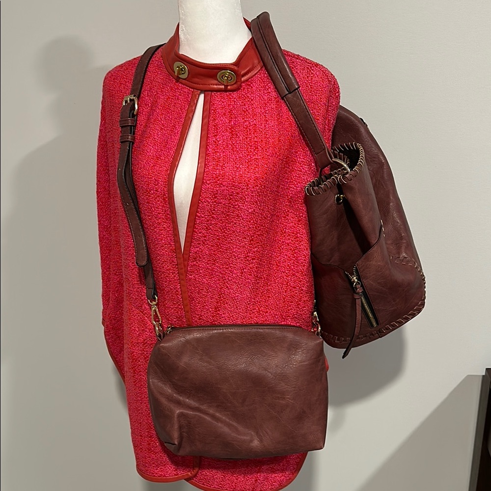Dark Rose Brown Whip Stitch Multi Tote Crossbody